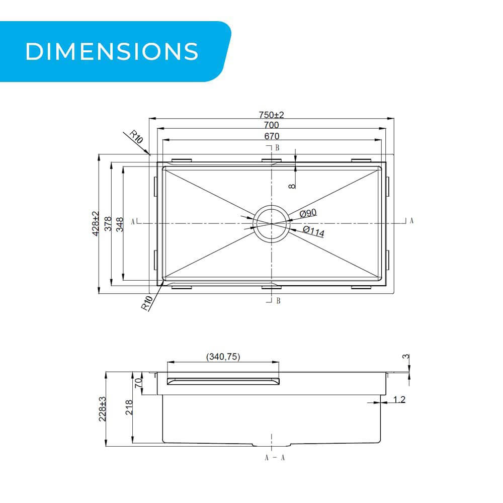 750mm Piniz 1 Stainless Steel Single Bowl Kitchen Sink Dimensions Guide