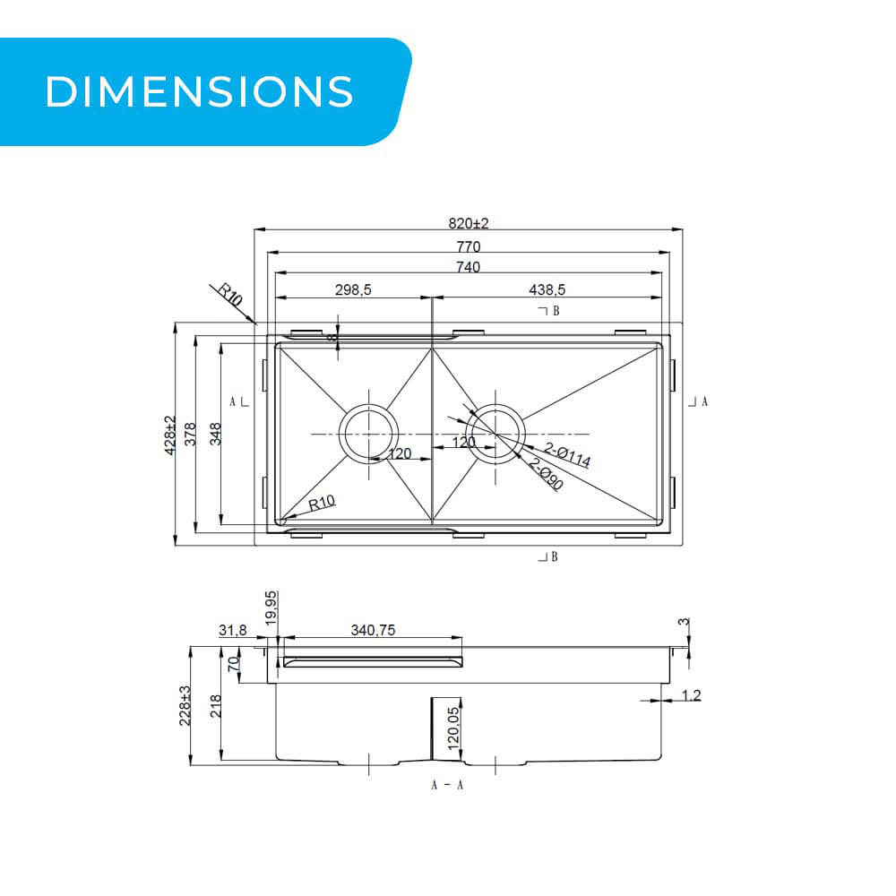 820mm Piniz 1 Stainless Steel Double Bowl Kitchen Sink Dimensions Guide