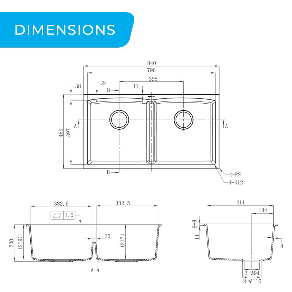 840mm Double Bowl Kitchen Sink Rounded Inner Corner Dimensions Guide