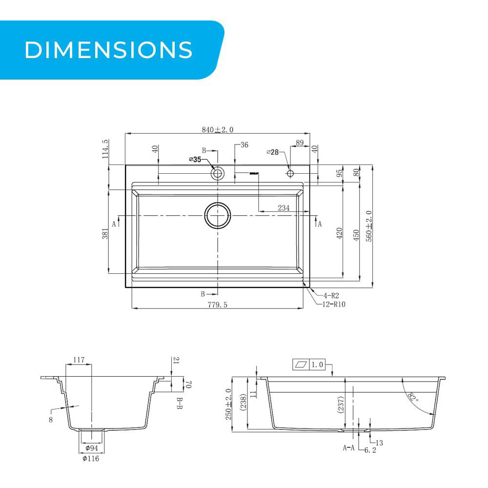 Higold granite composite 840mm multiple step single bowl workstation kitchen sink dimensions guide