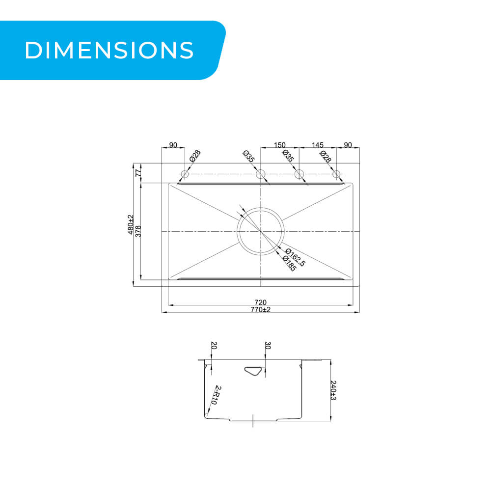 Piniz 770mm slide lip single bowl workstation sink dimensions guide