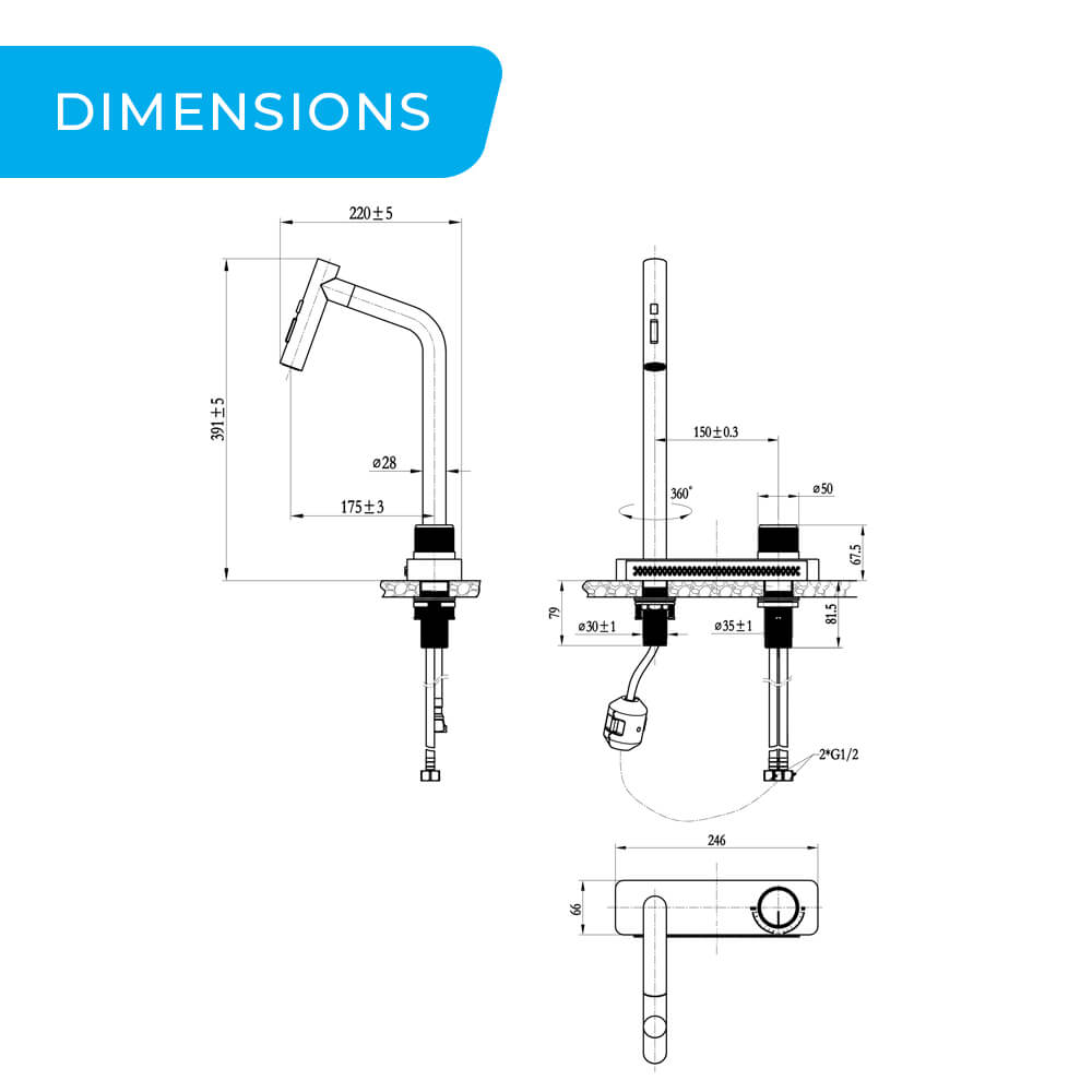 Topmount waterfall pull out kitchen mixer tap dimensions diagram